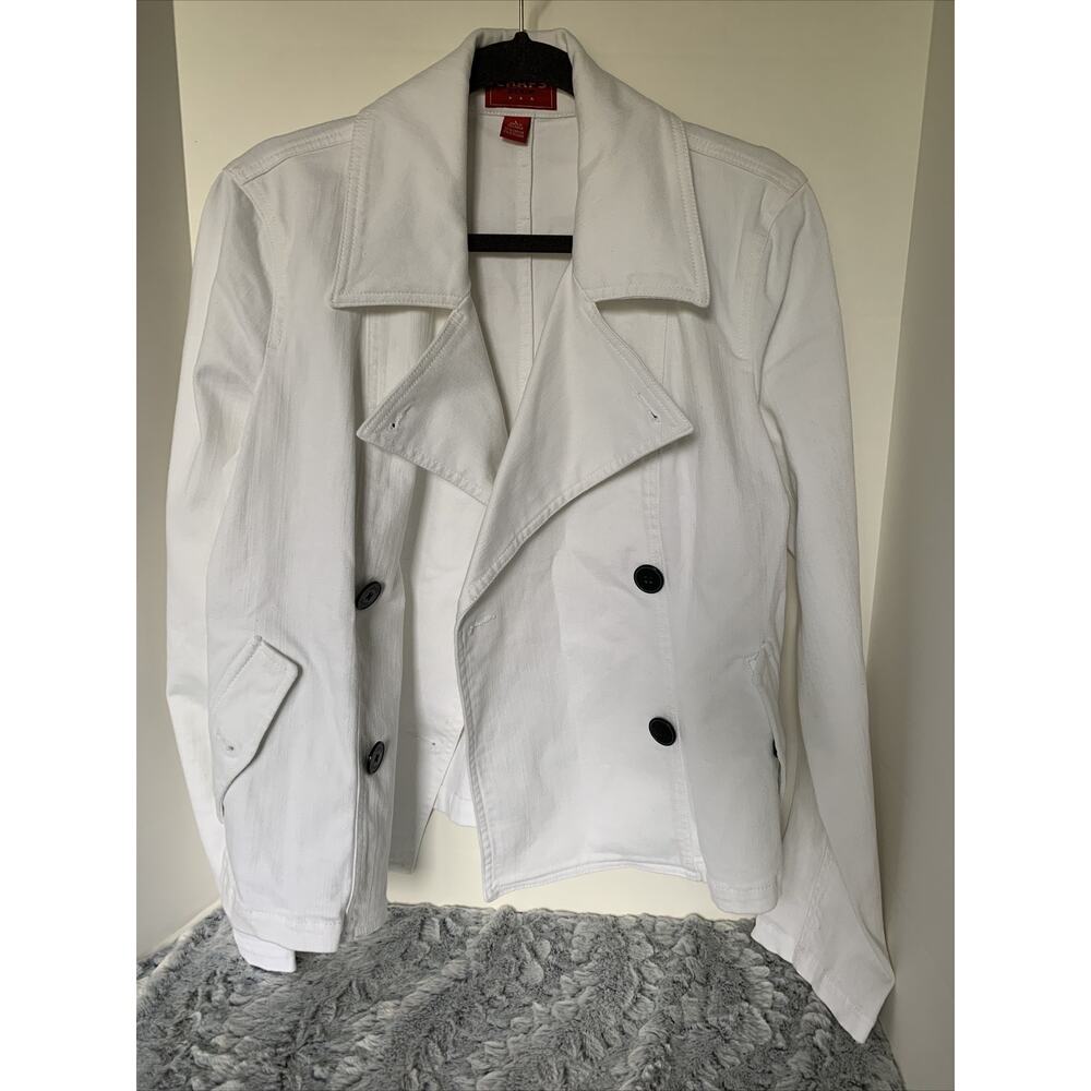 Chaps Denim Jean Jacket Womens L White Button Flap Pockets
